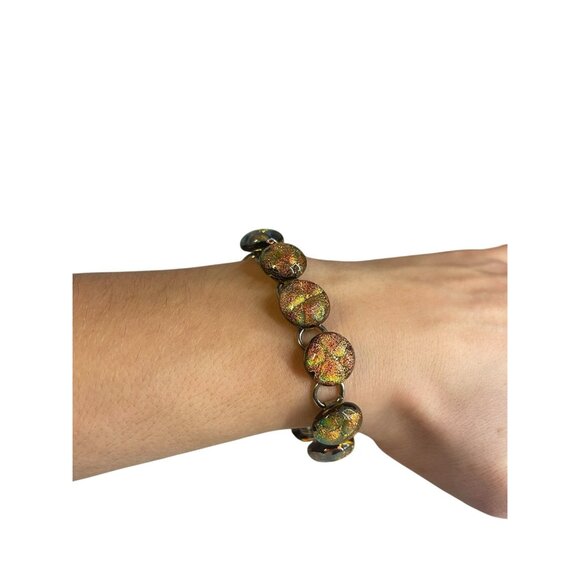 Ladies Round Copper orange dichroic glass bead bracelet artsy autumn colors - Picture 4 of 6